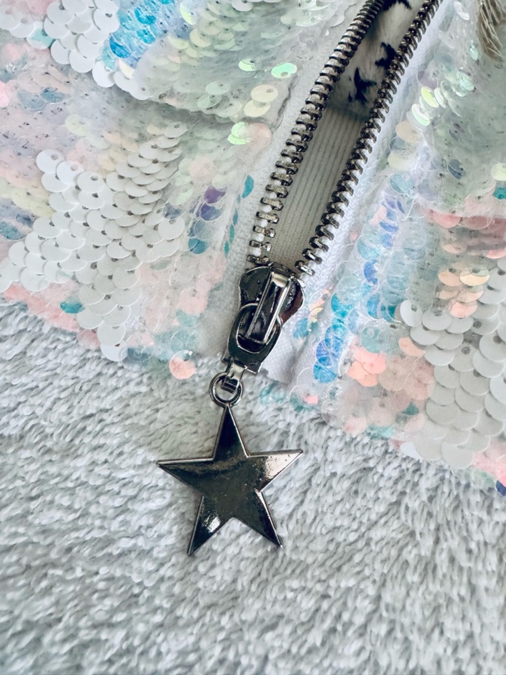 Lola + The Boys Star Pastel Iridescent Sequin Bomber Jacket - White Multi - Picture 3 of 5